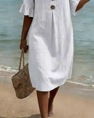 Women Linen Blend Midi Dress Loose Short Sleeve Button Front - Image 11