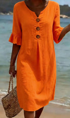 Women Linen Blend Midi Dress Loose Short Sleeve Button Front - Image 6