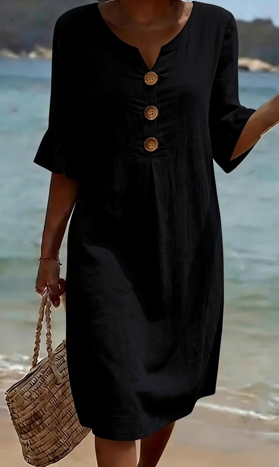 Women Linen Blend Midi Dress Loose Short Sleeve Button Front - Image 2