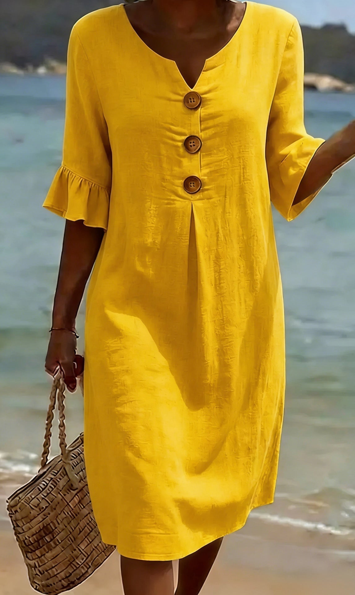 Women Linen Blend Midi Dress Loose Short Sleeve Button Front - Image 4
