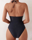 Women Mesh Cutout Halter Neck One Piece Swimsuit