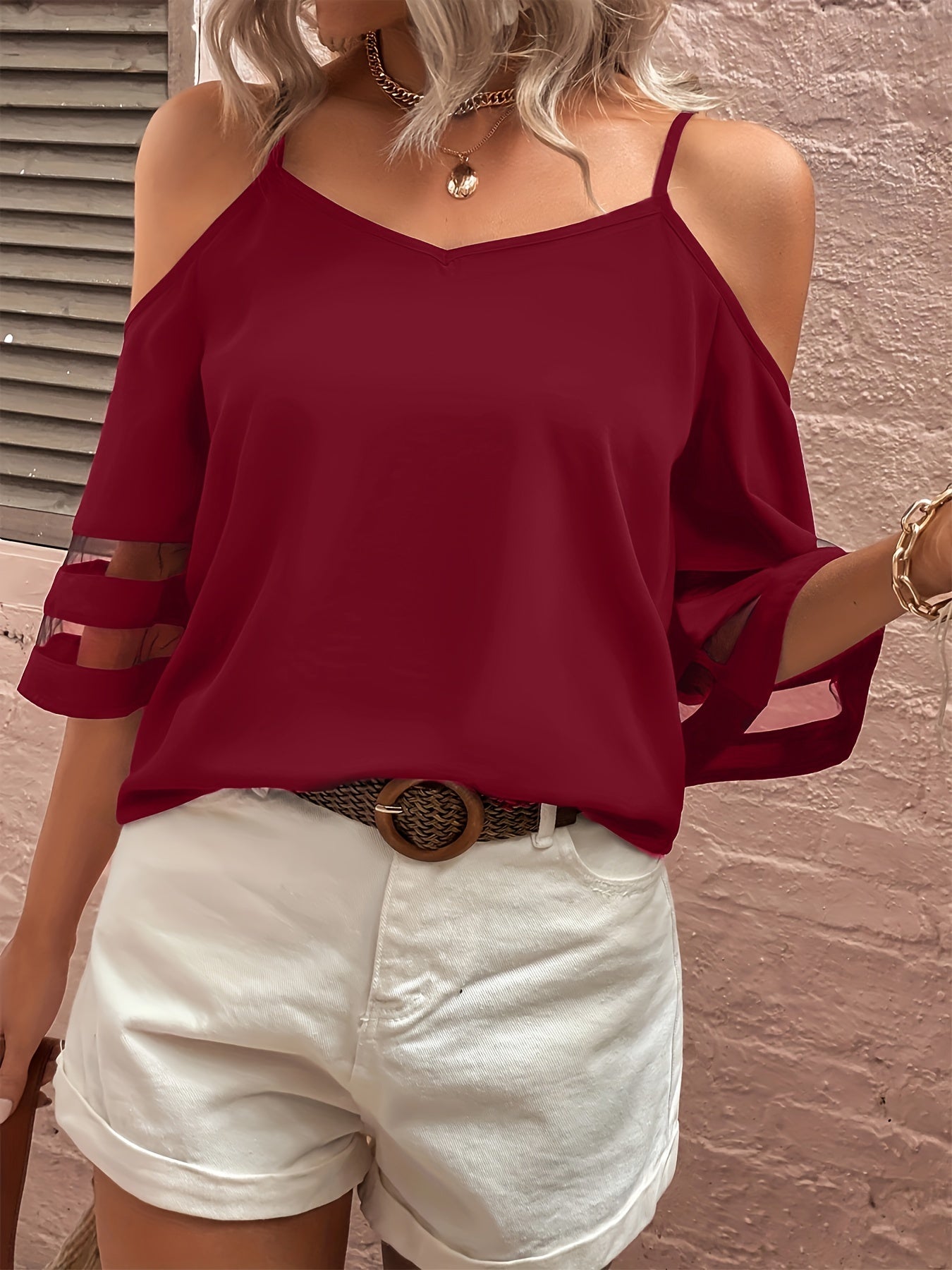 Women's Cold Shoulder Blouse Navy Blue Top - Image 2