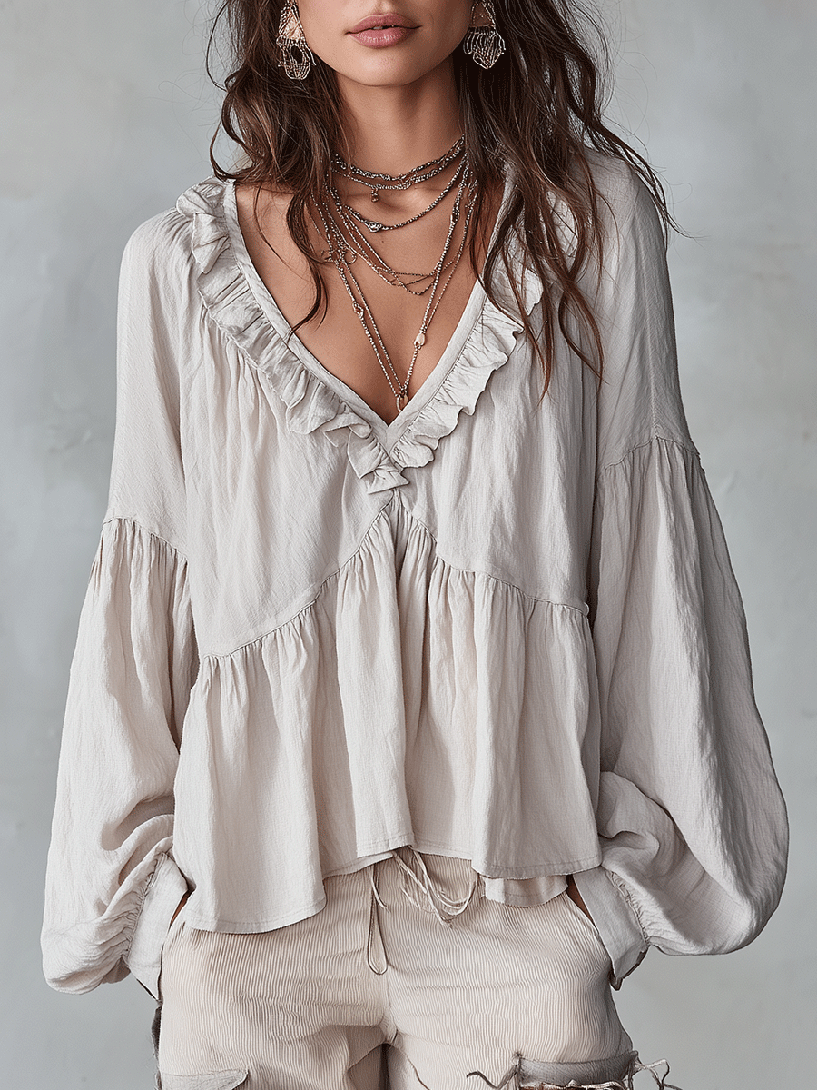 Women Ruffle Boho Blouse Long Sleeve Vintage Inspired White