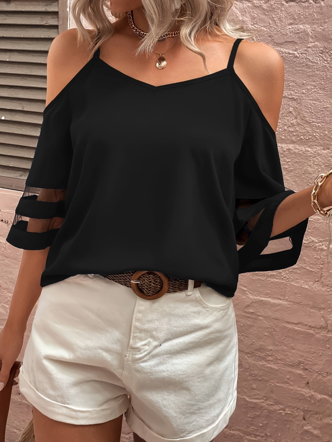 Women's Cold Shoulder Blouse Navy Blue Top - Image 3