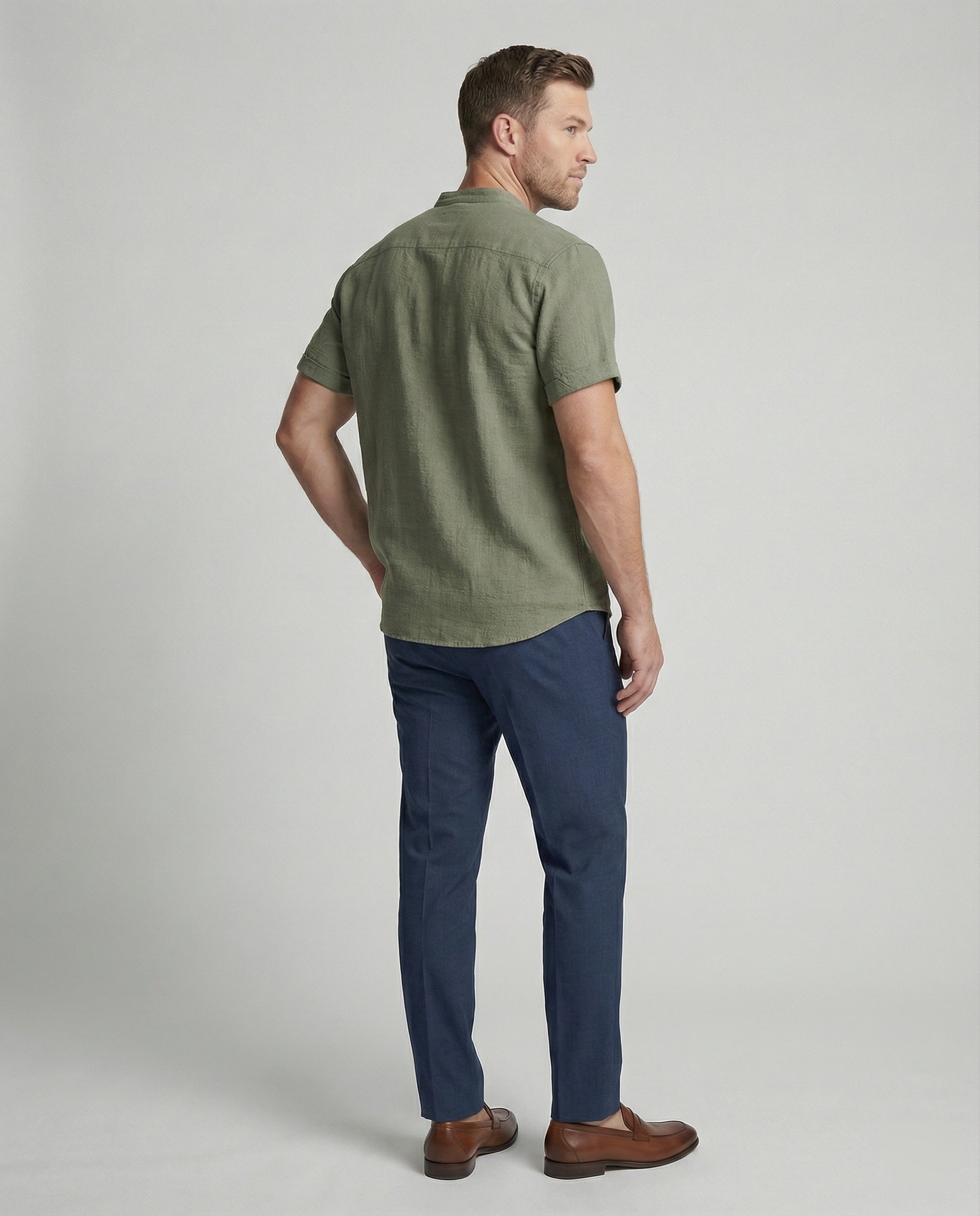 Men's Linen Mandarin Collar Short Sleeve Shirt - Image 3