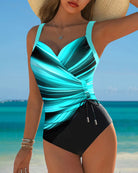 Women Lace Up Color Block One Piece Swimsuit