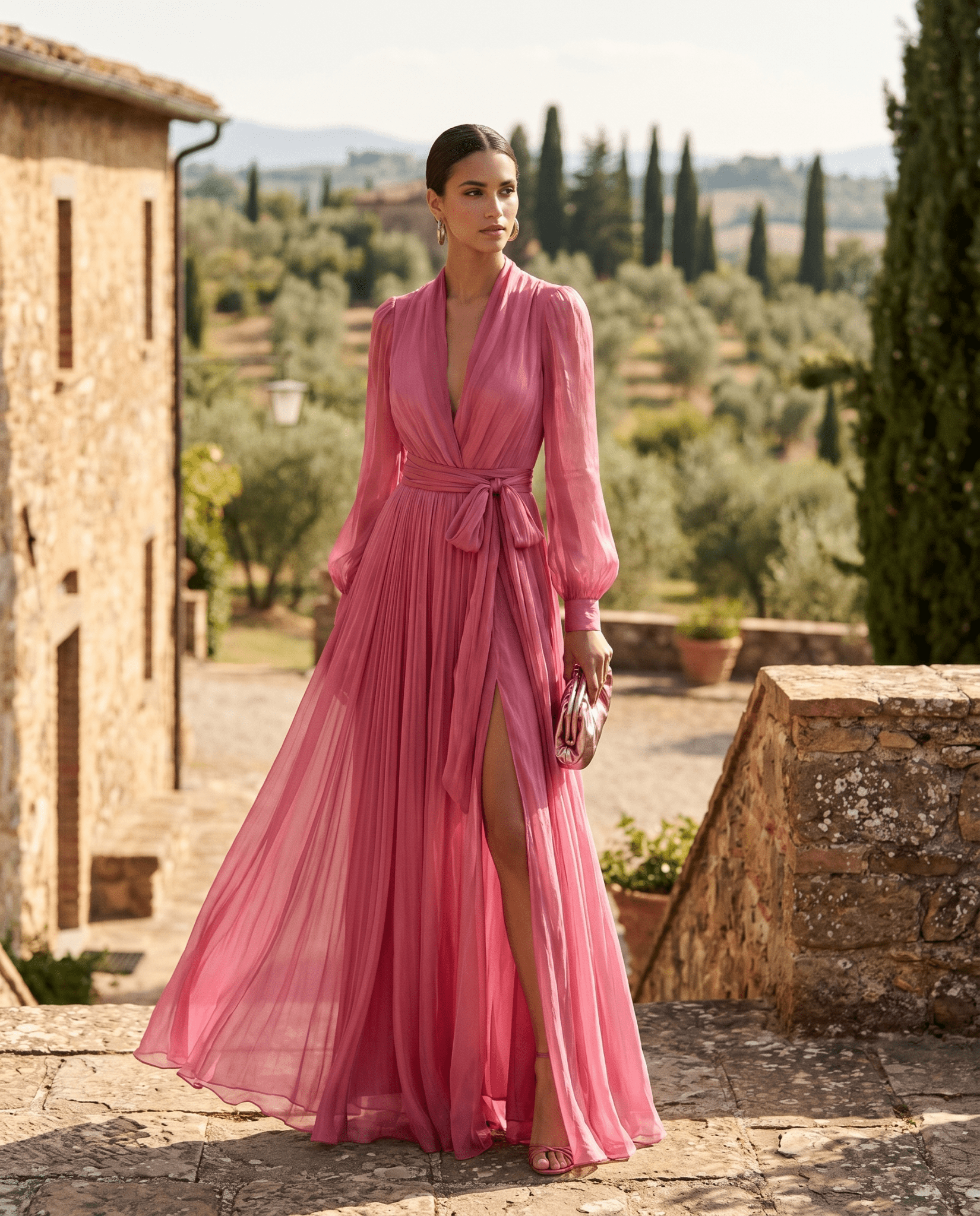 Women Chiffon Maxi Dress Belted Formal Wedding Guest - Image 3