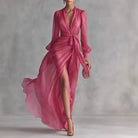 Women Chiffon Maxi Dress Belted Formal Wedding Guest