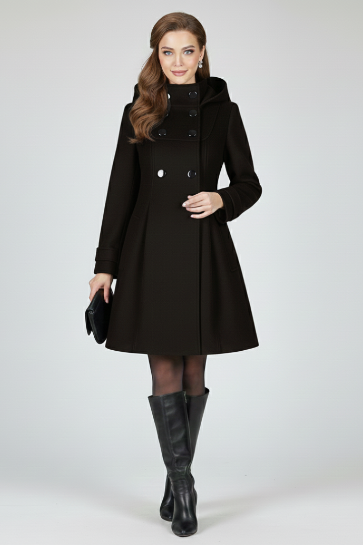 Women's Hooded Double Button Fit and Flare Coat - Image 7