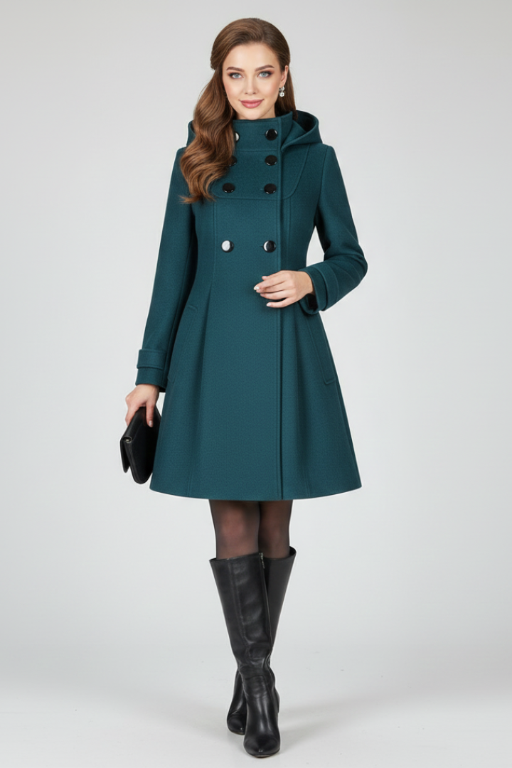 Women's Hooded Double Button Fit and Flare Coat - Image 2