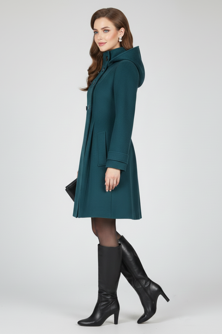 Women's Hooded Double Button Fit and Flare Coat - Image 4