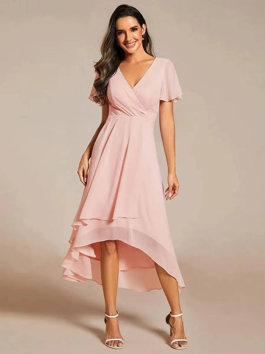 Women Wrap V-Neck Tiered Wedding Guest Midi Dress
