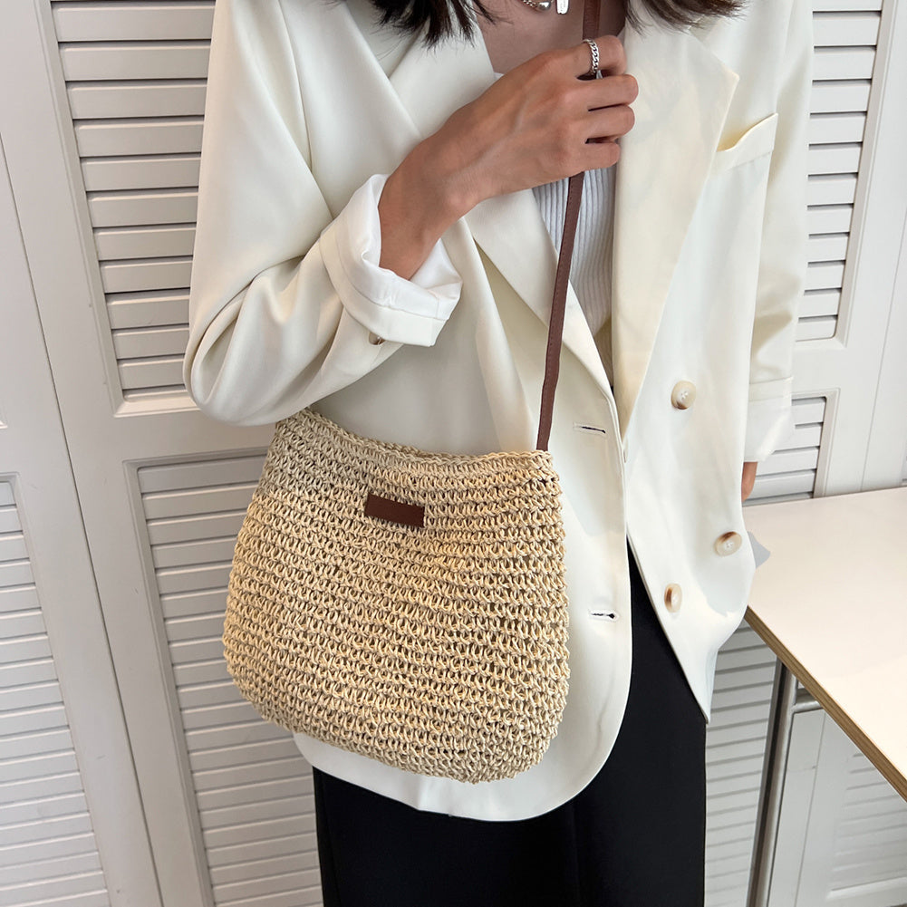 Women Straw Shoulder Bag Vegan Leather Strap - Image 8