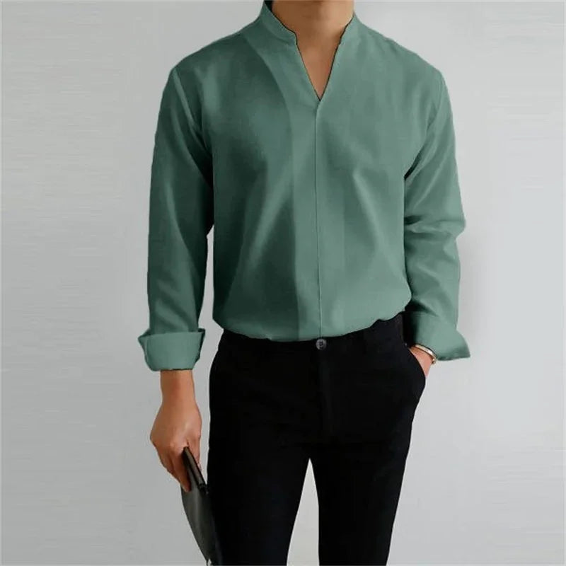 Men's Mandarin Collar Long Sleeve Shirt - Image 8