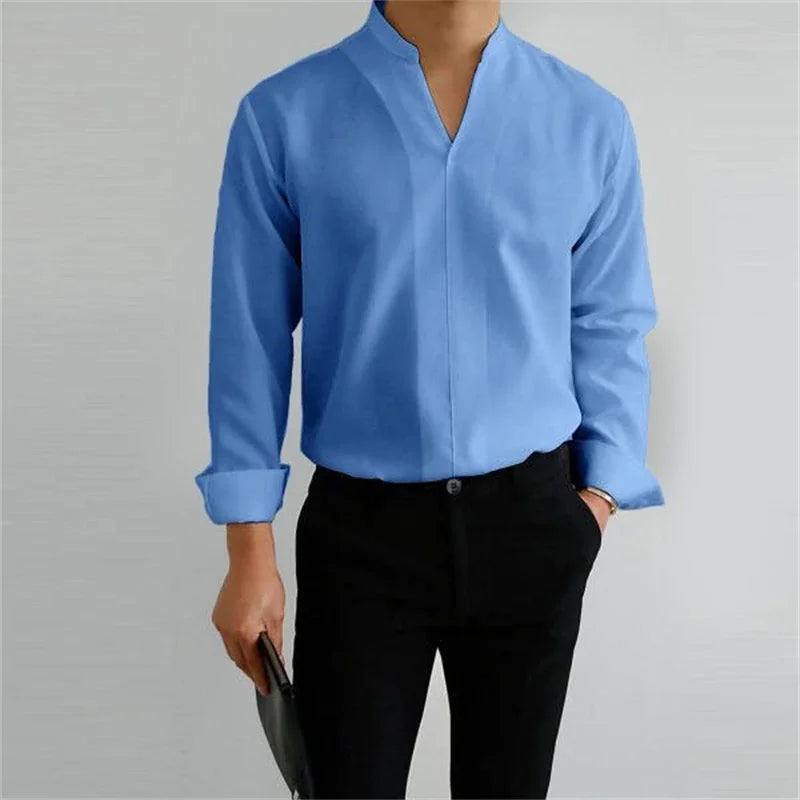 Men's Mandarin Collar Long Sleeve Shirt - Image 3