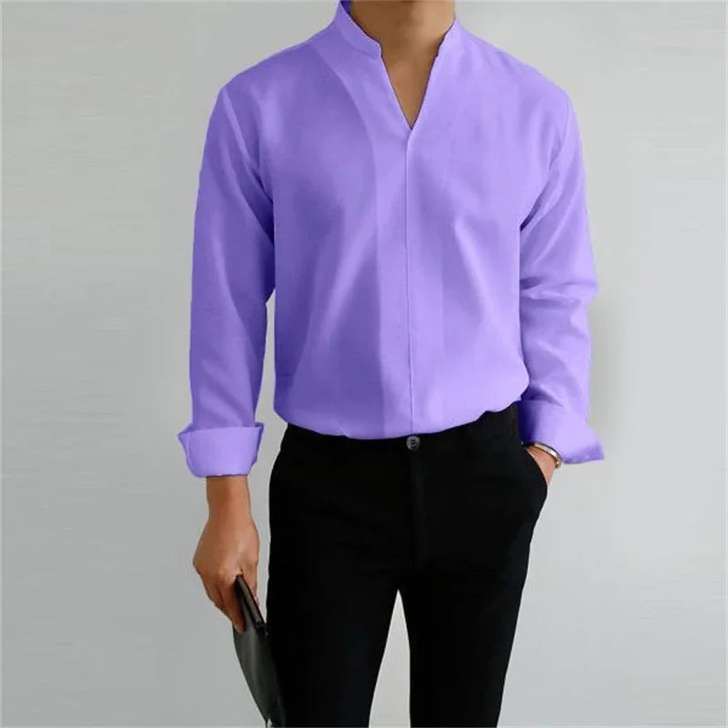 Men's Mandarin Collar Long Sleeve Shirt - Image 9