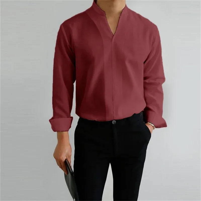 Men's Mandarin Collar Long Sleeve Shirt - Image 5