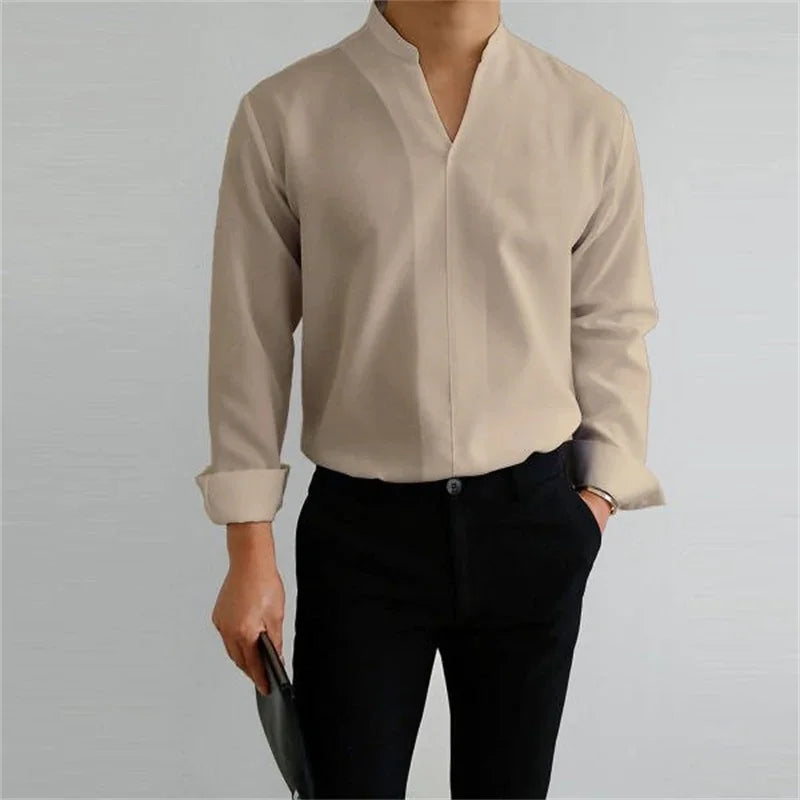 Men's Mandarin Collar Long Sleeve Shirt - Image 10