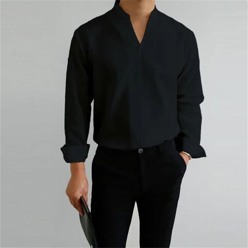 Men's Mandarin Collar Long Sleeve Shirt - Image 2