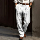 Men's Grey Linen Pleated Relaxed Fit Pants - Image 2
