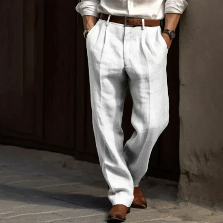 Men's Grey Linen Pleated Relaxed Fit Pants - Image 2