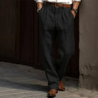 Men's Grey Linen Pleated Relaxed Fit Pants - Image 3