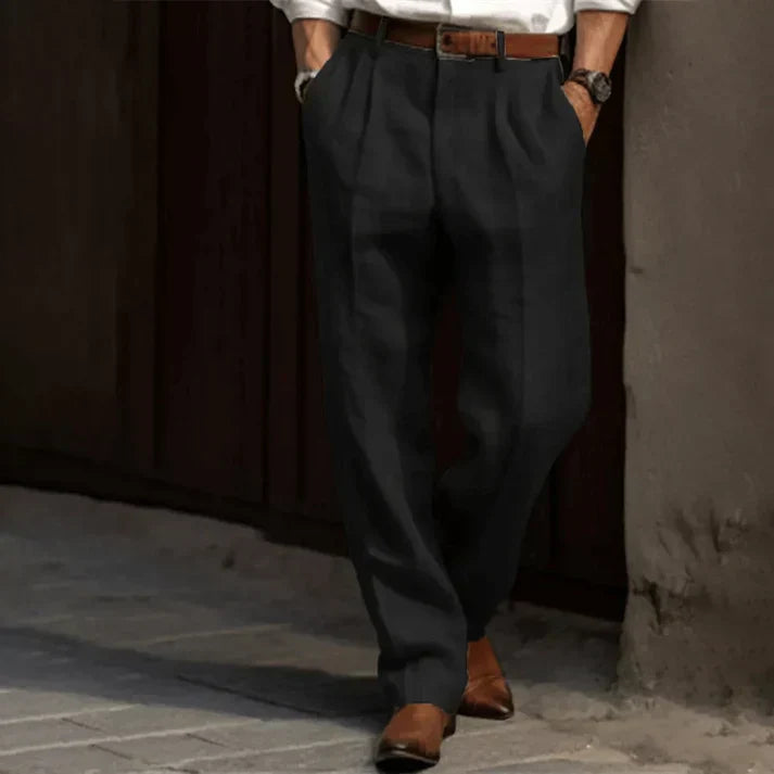 Men's Grey Linen Pleated Relaxed Fit Pants - Image 3