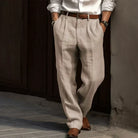 Men's Grey Linen Pleated Relaxed Fit Pants - Image 4