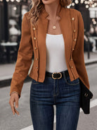 Women Faux Suede Double-Breasted Open Front Blazer - Image 9