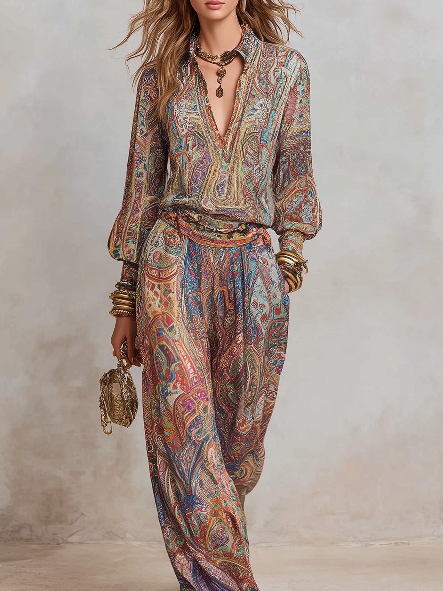 Women Paisley Print Wide Leg Pants Set - Image 3
