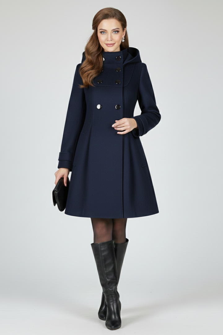 Women's Hooded Double Button Fit and Flare Coat - Image 6