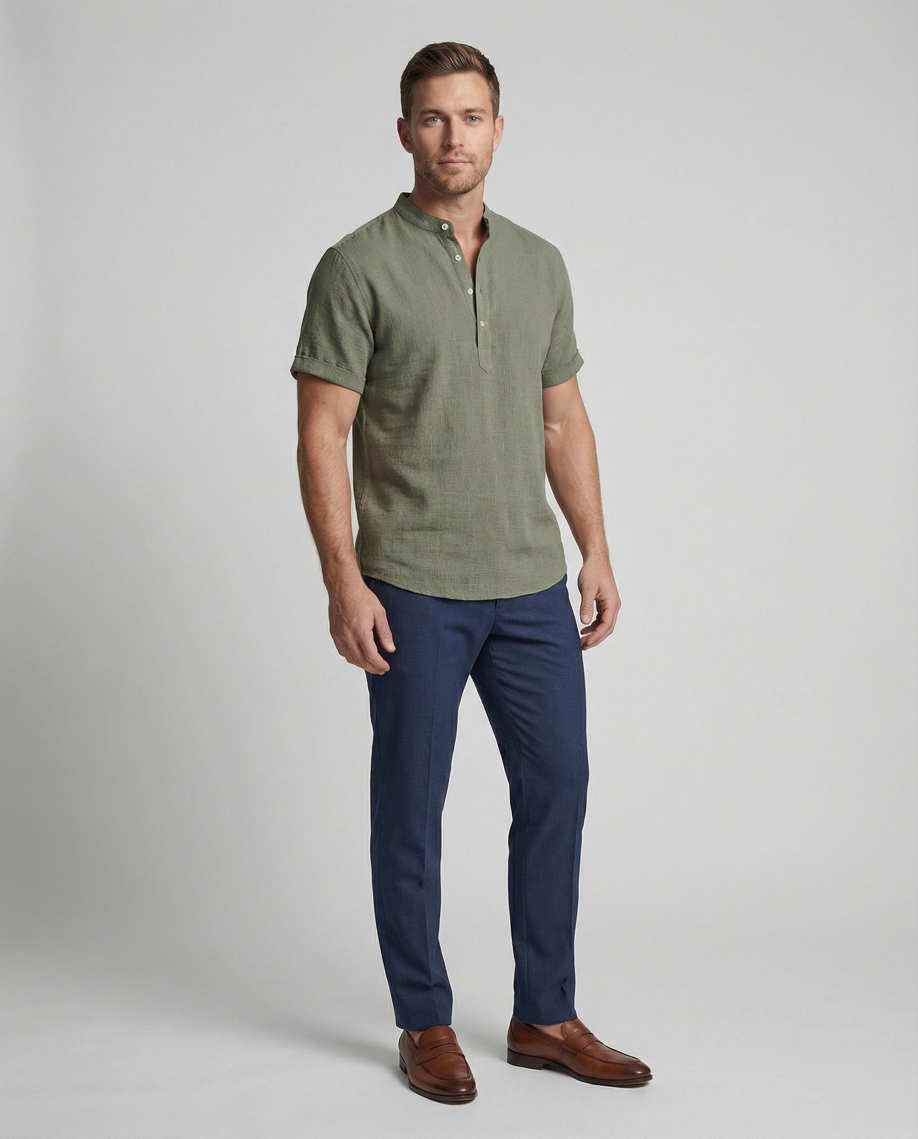 Men's Linen Mandarin Collar Short Sleeve Shirt
