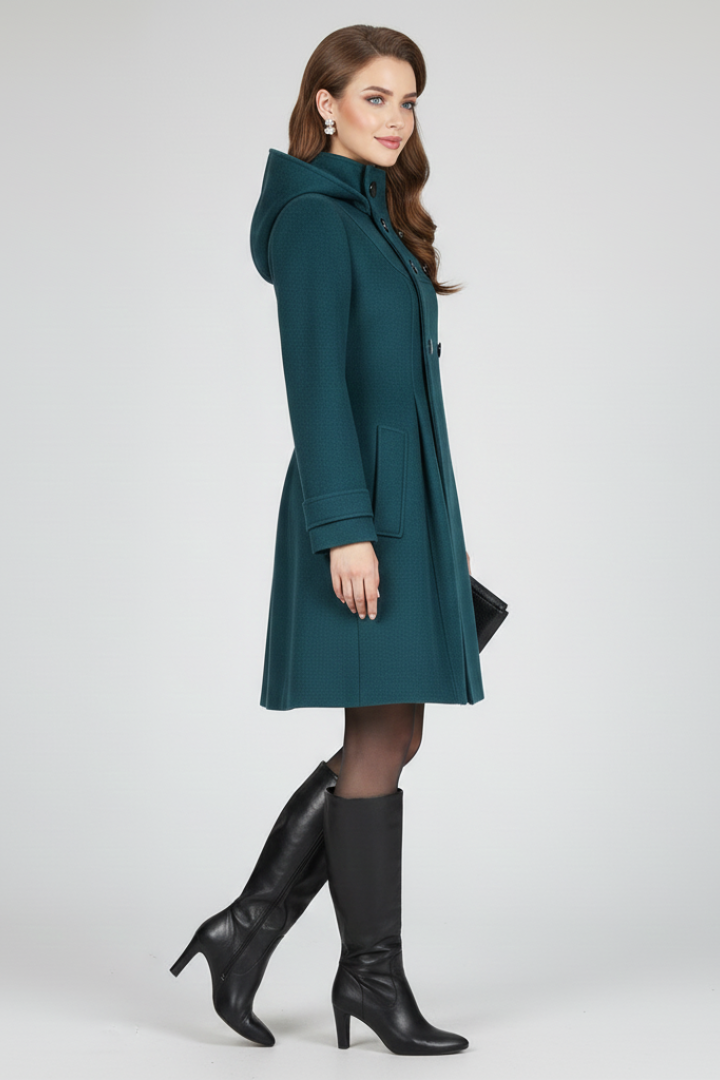 Women's Hooded Double Button Fit and Flare Coat - Image 3