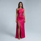 Women One Shoulder Draped Maxi Dress High Slit Formal Gown