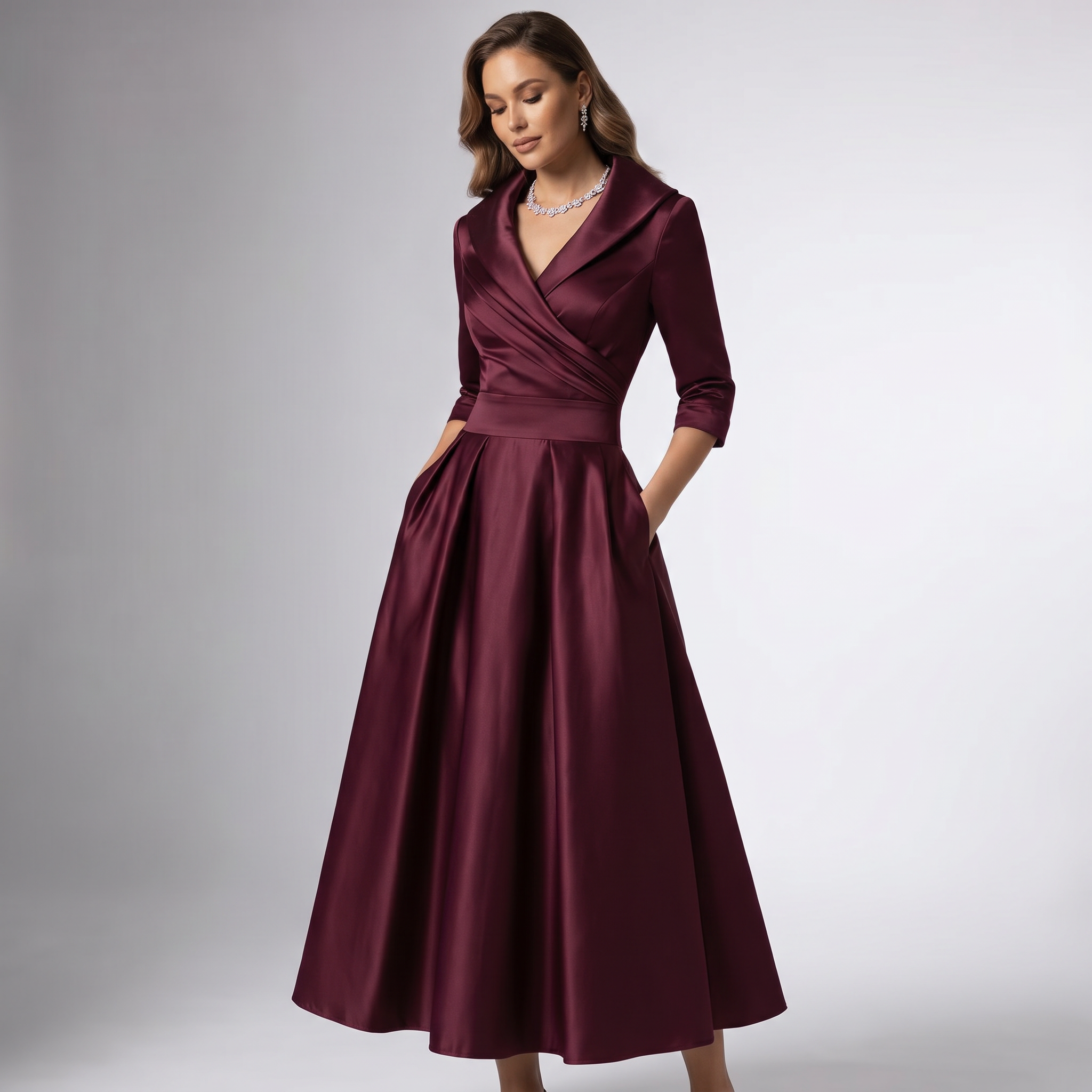 Women Draped Collar A-Line Midi Dress with Pockets - Image 8
