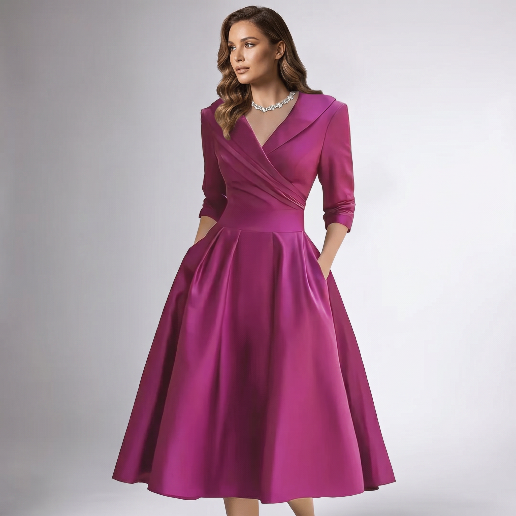 Women Draped Collar A-Line Midi Dress with Pockets - Image 15