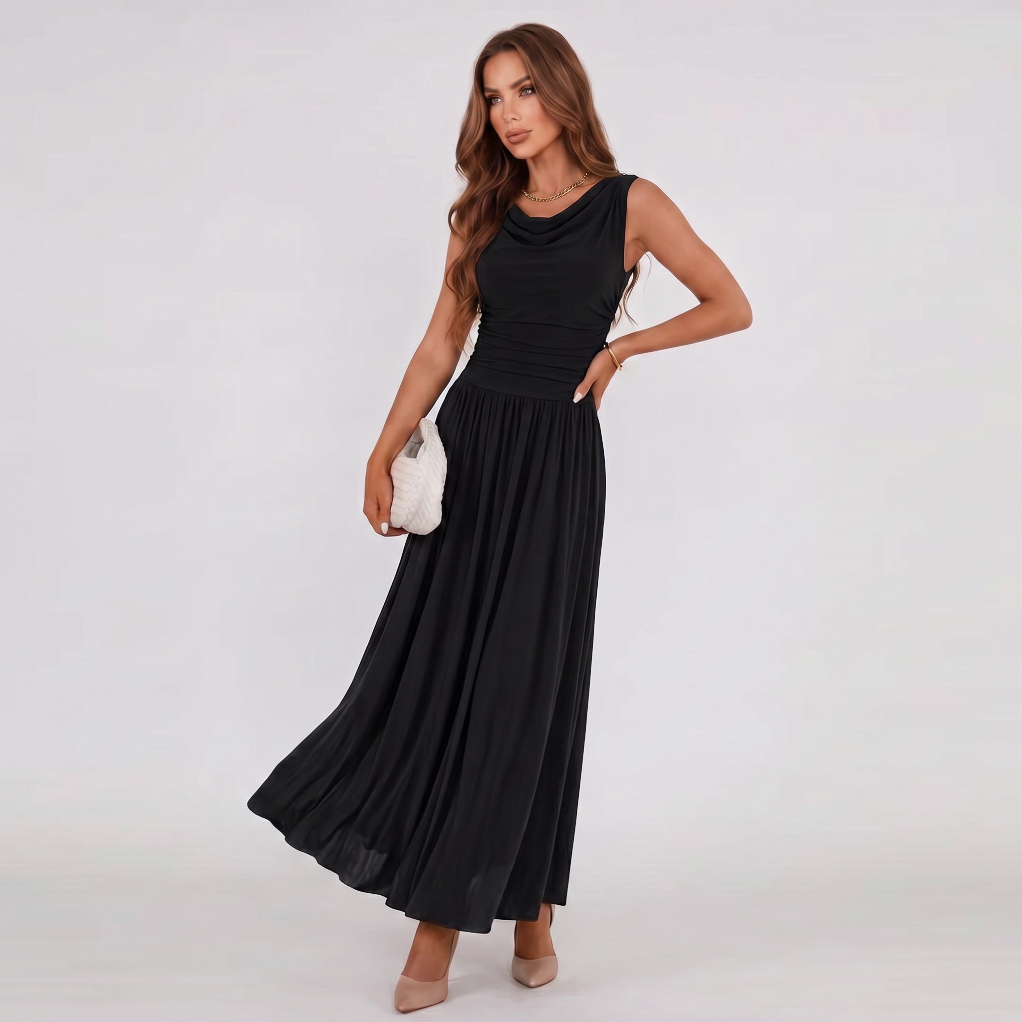 Women Draped Neck Pleated Midi Dress - Image 7