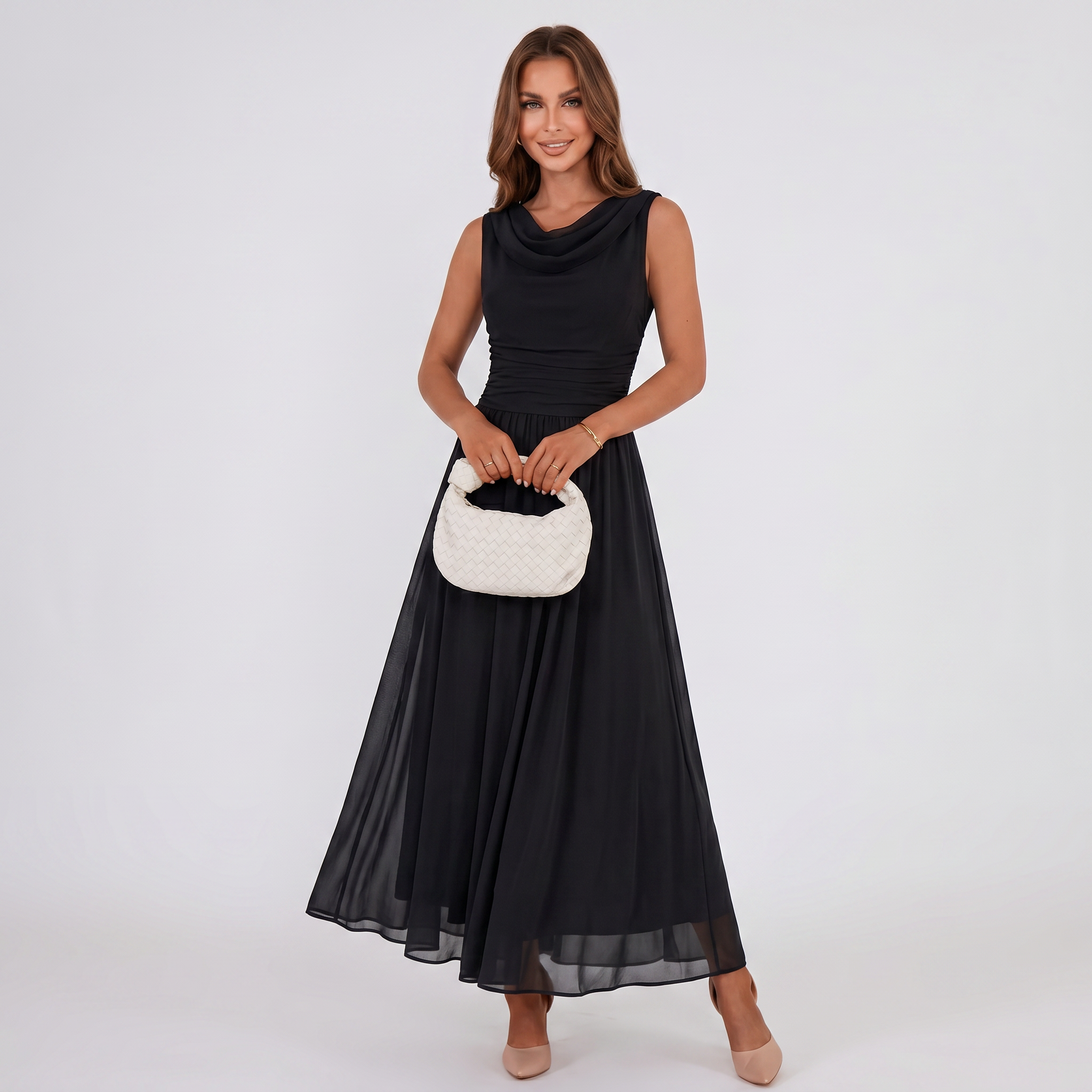 Women Draped Neck Pleated Midi Dress - Image 5