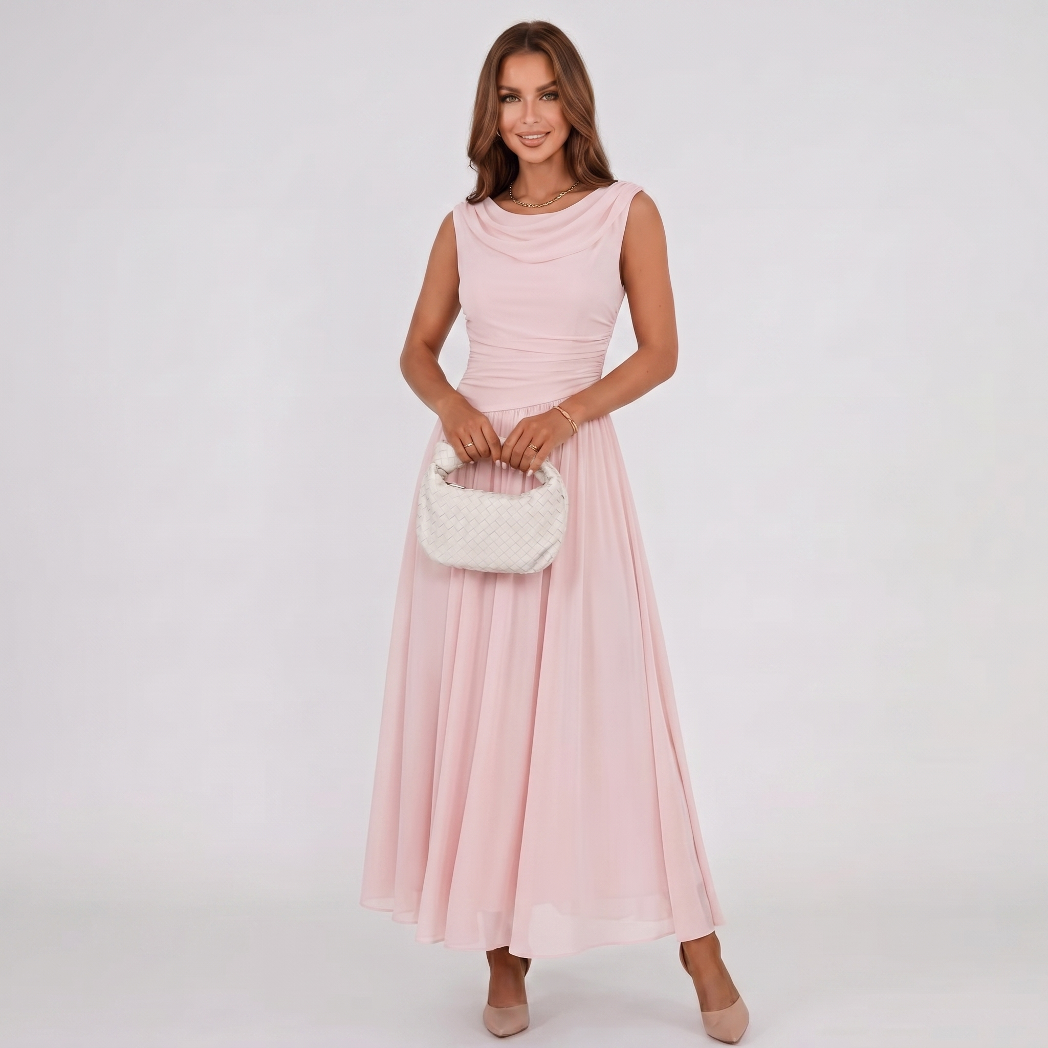 Women Draped Neck Pleated Midi Dress - Image 9
