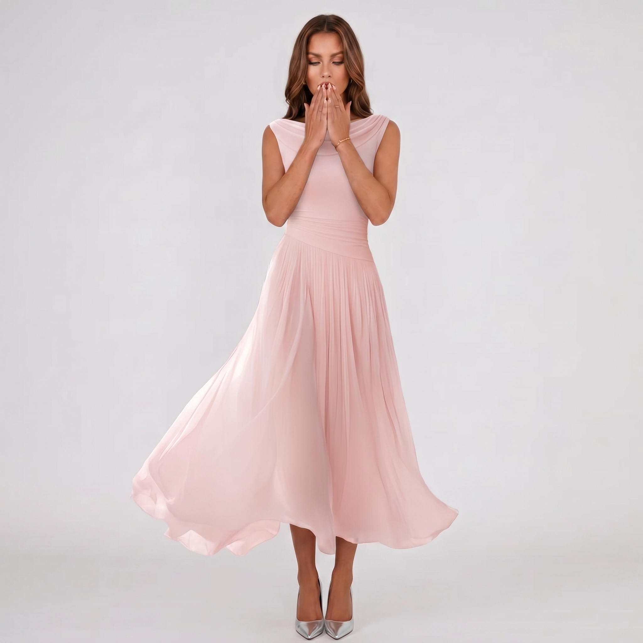 Women Draped Neck Pleated Midi Dress - Image 12