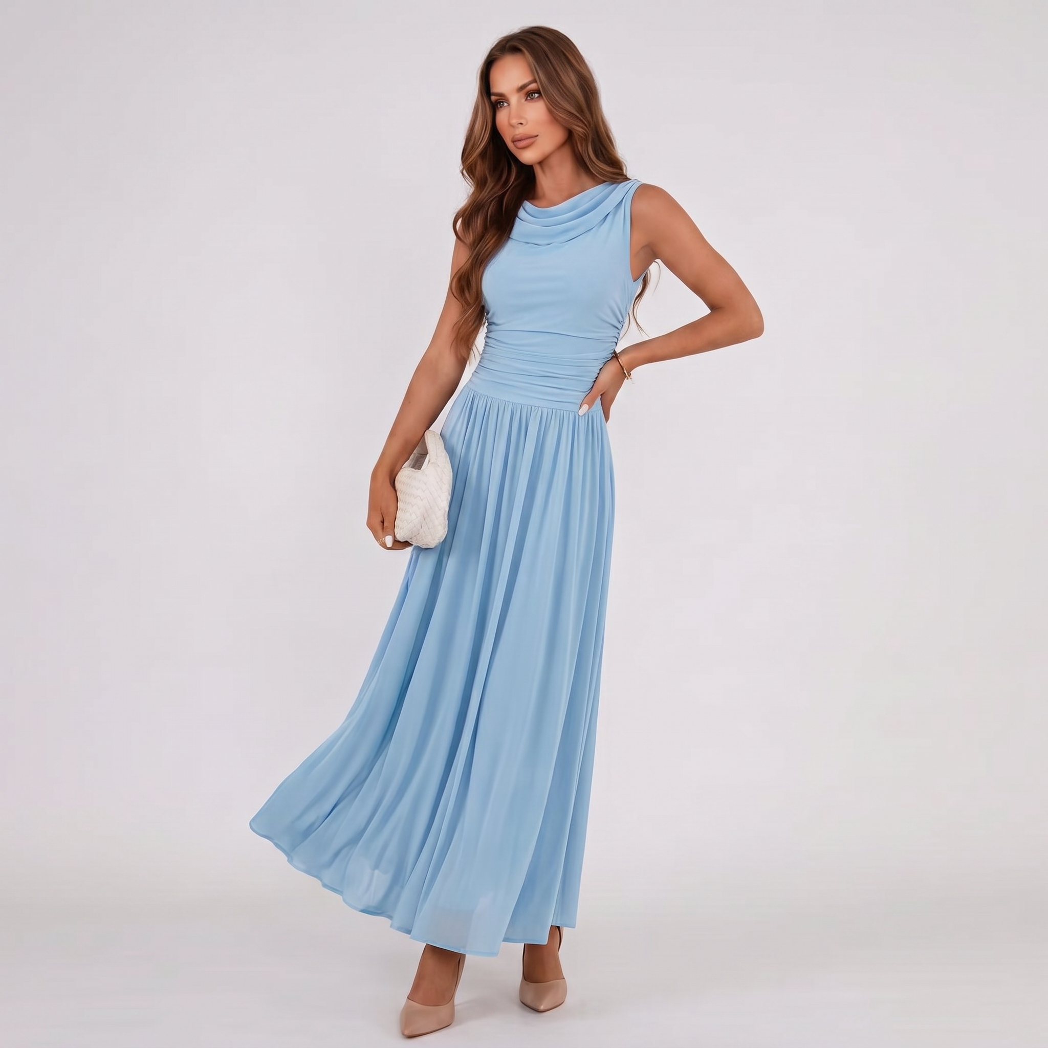 Women Draped Neck Pleated Midi Dress - Image 14