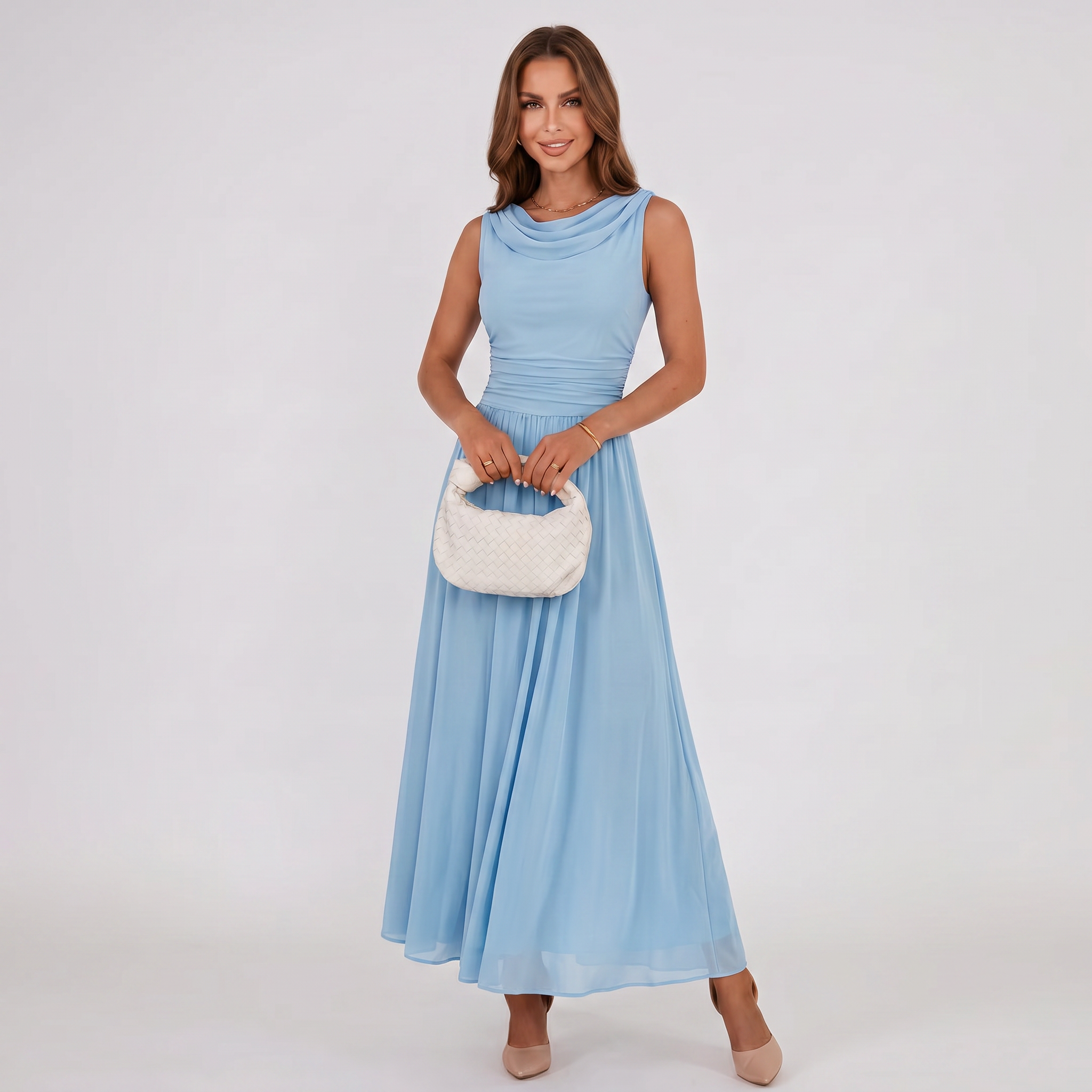 Women Draped Neck Pleated Midi Dress - Image 13