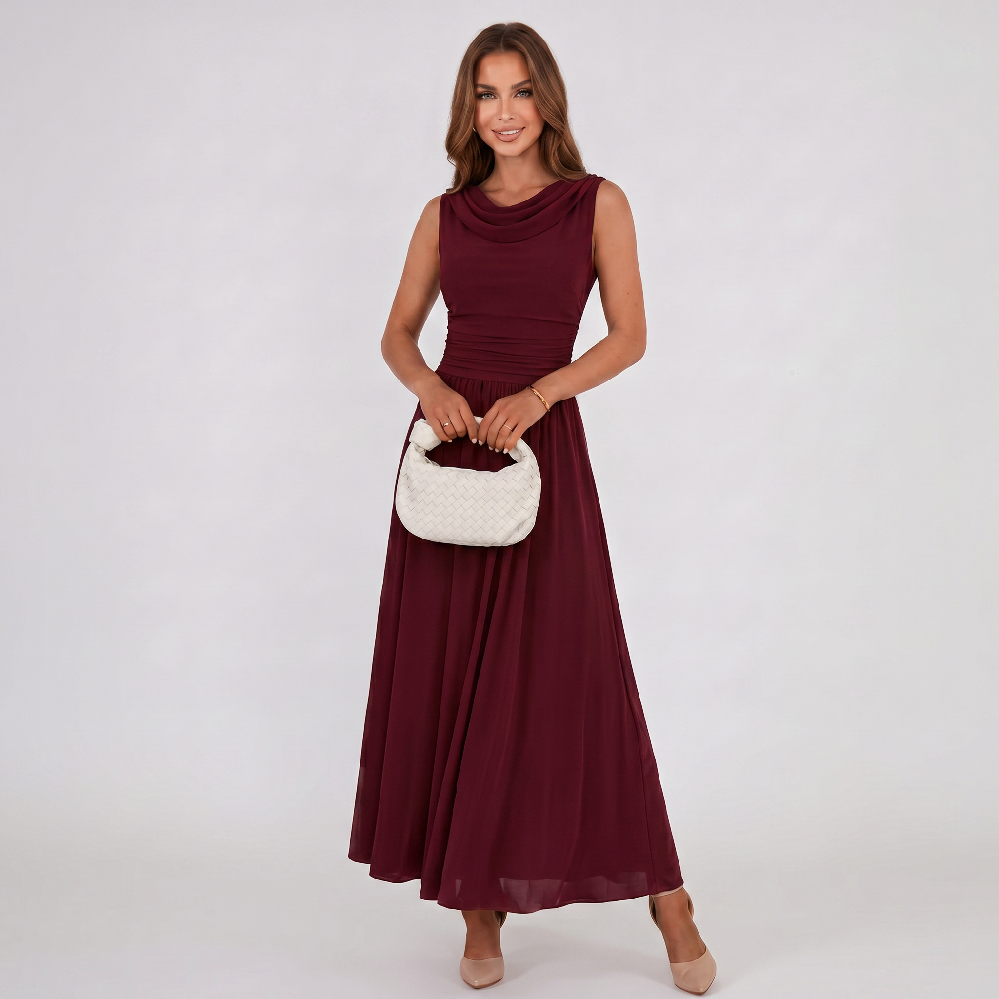 Women Draped Neck Pleated Midi Dress - Image 17