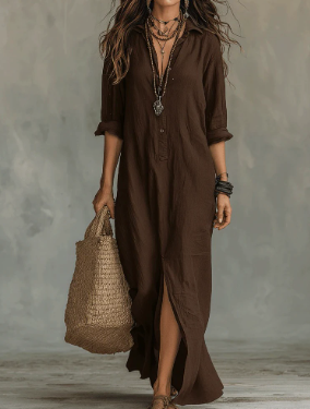 Women Linen Collared Button Front Maxi Dress Side Slit - Image 7