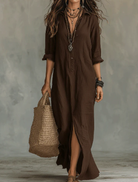 Women Linen Collared Button Front Maxi Dress Side Slit - Image 7