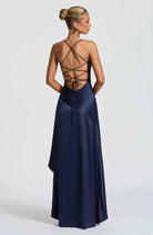 Women Satin Maxi Dress High Slit Draped Neckline Formal - Image 7