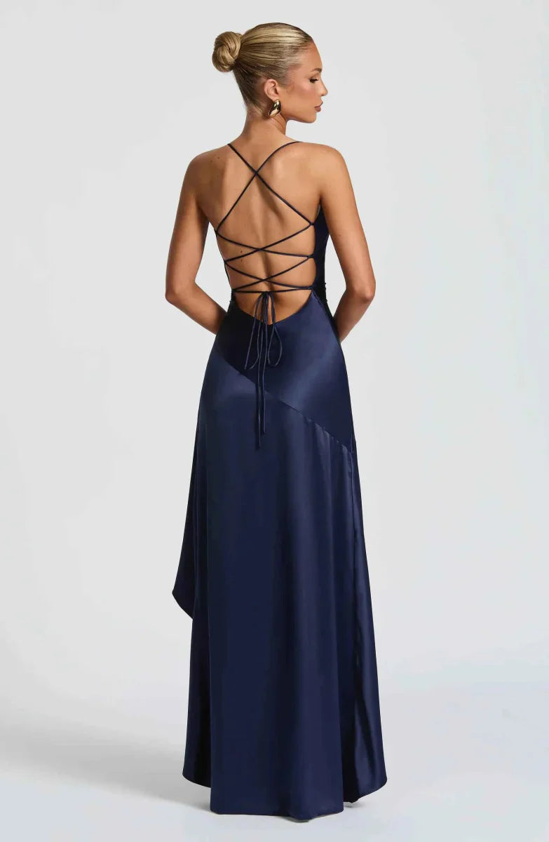 Women Satin Maxi Dress High Slit Draped Neckline Formal - Image 7