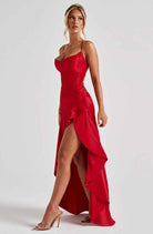 Women Satin Maxi Dress High Slit Draped Neckline Formal - Image 15
