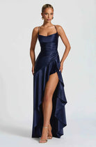 Women Satin Maxi Dress High Slit Draped Neckline Formal