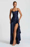 Women Satin Maxi Dress High Slit Draped Neckline Formal